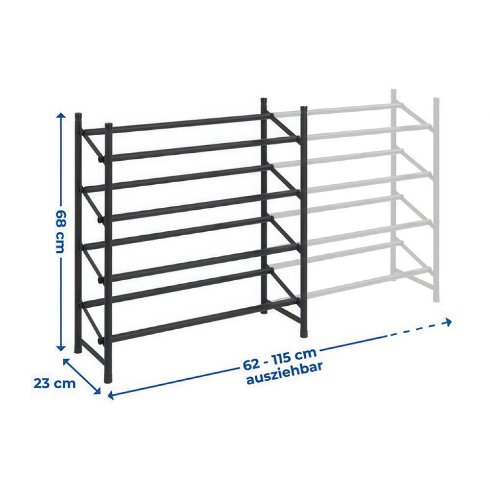 Expanderbar skohylla, 4 hyllor, HERO NON-SLIP, 62~115 x 23 x H 68 cm, Svart i gruppen Förvaring / Hallförvaring / Skohyllor hos SmartaSaker.se (40566)