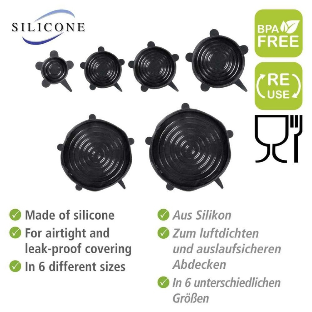 Expanderbara, lufttäta lock i silikon, 6 st, BLACK SILICONE STRETCH TOPS, Svarta i gruppen Förvaring / Köksförvaring hos SmartaSaker.se (40571)