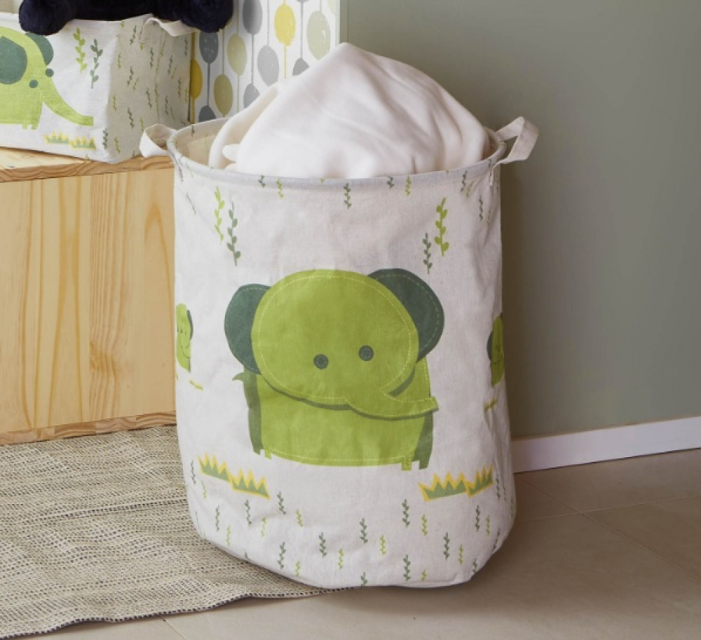 Förvaringssäck i tyg, ELEPHANT TOY BASKET, Ø 35 x H 45 cm, Vit/Grön i gruppen Förvaring / Barnrumsförvaring hos SmartaSaker.se (40878)