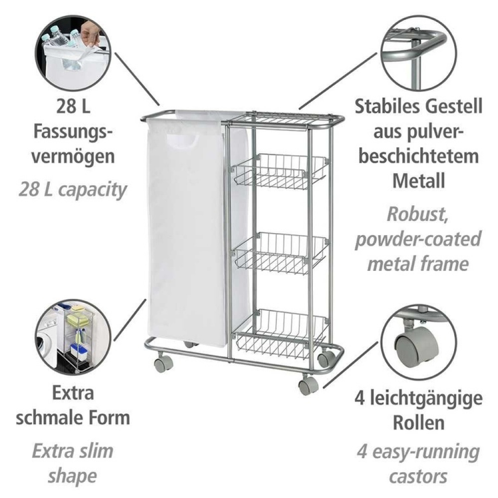 Förvaringsvagn med tvättsäck, COLLECTION TROLLEY, 58 x 20 x H 80 cm, Silvergrå i gruppen Förvaring / Tvätt och tork / Tvättkorgar hos SmartaSaker.se (40885)
