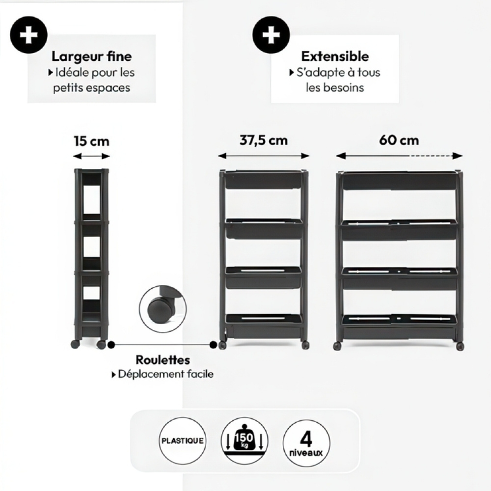 Förvaringsvagn, 4 TIERS EXTEND TROLLEY, 37,5~60 x 15 x H 78,5 cm i gruppen Förvaring / Hallförvaring hos SmartaSaker.se (40887)
