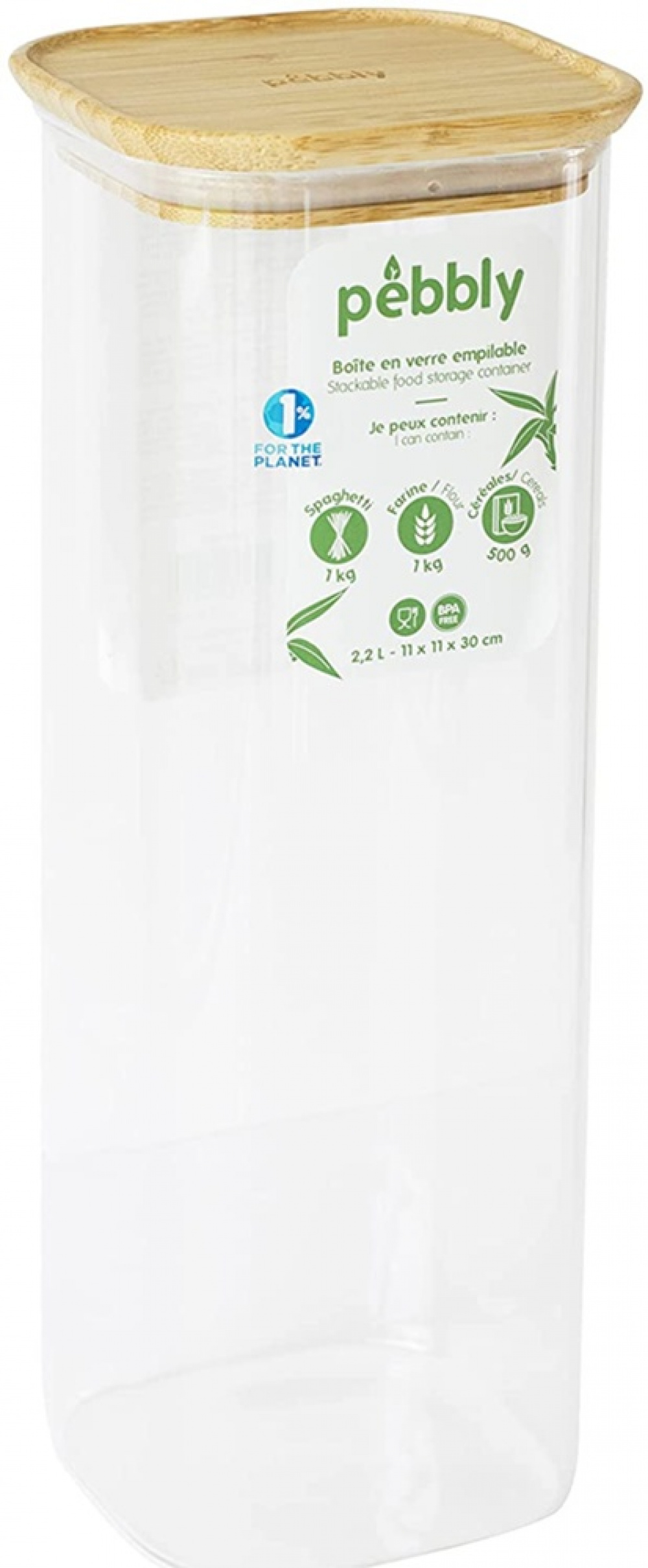 Glasburk för Spagetti, 2,2 L, PEBBLY SQUARE LARGE, Klar / Bambu i gruppen Förvaring / Köksförvaring / Förvaringslådor och burkar hos SmartaSaker.se (41008)