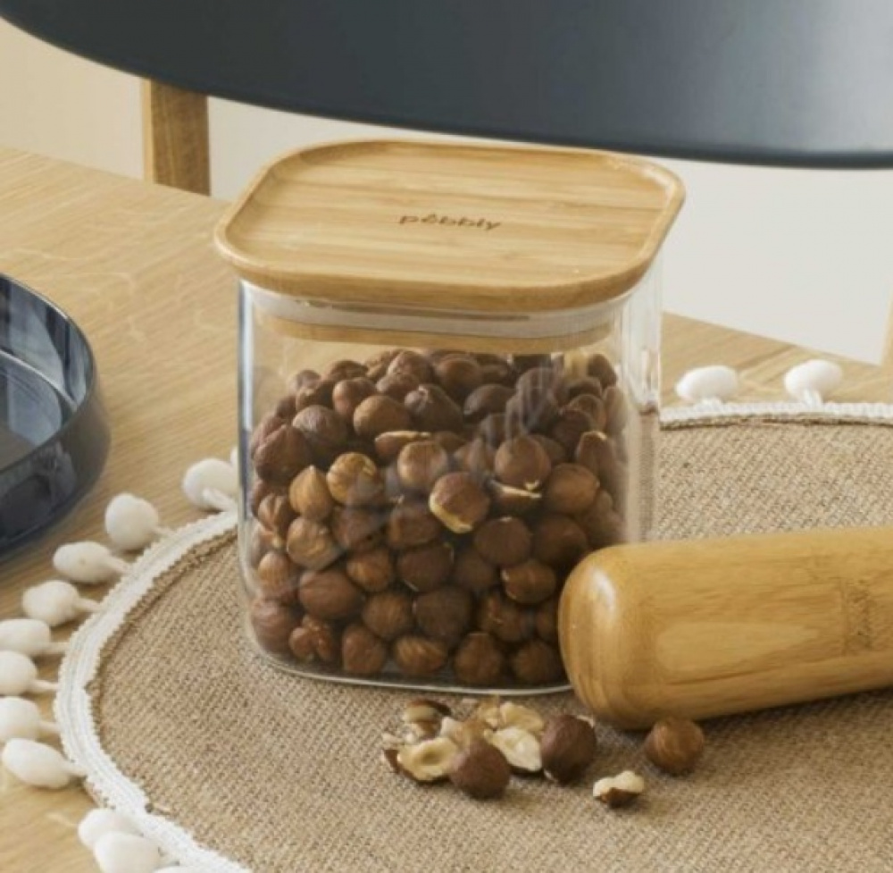 Glasburk för torrvaror, 0,8 L, PEBBLY SQUARE SMALL, Klar / Bambu i gruppen Förvaring / Köksförvaring / Förvaringslådor och burkar hos SmartaSaker.se (41012)