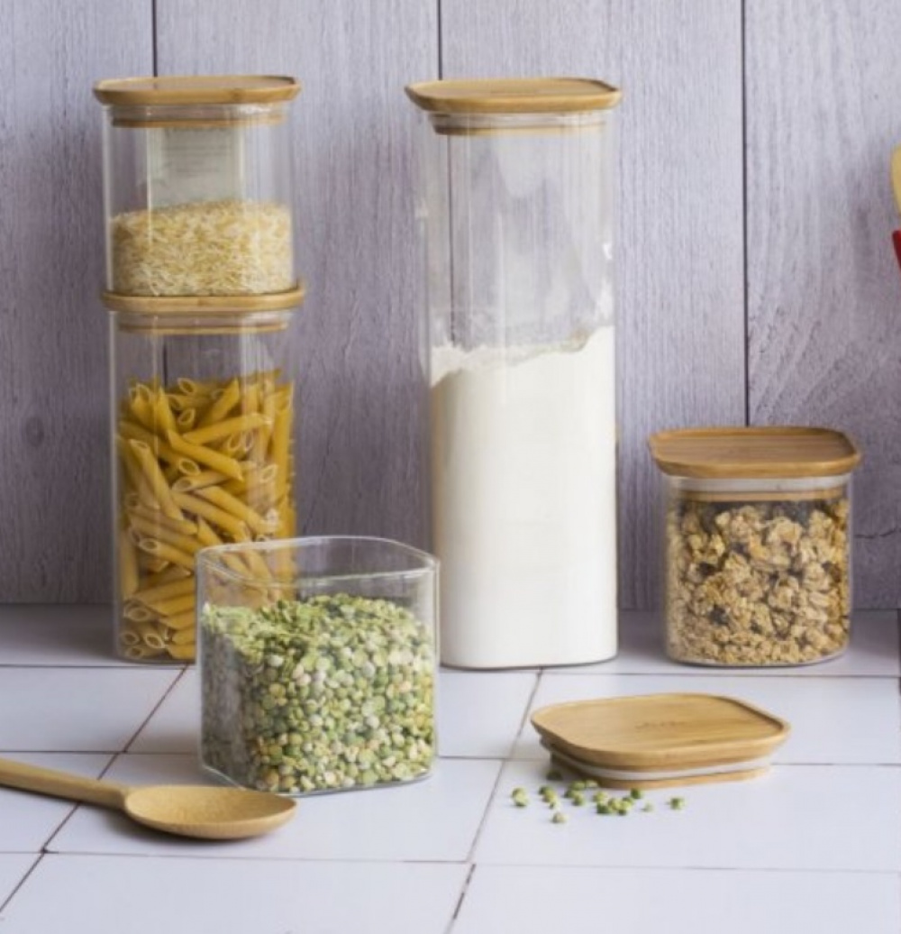Glasburk för torrvaror, 0,8 L, PEBBLY SQUARE SMALL, Klar / Bambu i gruppen Förvaring / Köksförvaring / Förvaringslådor och burkar hos SmartaSaker.se (41012)