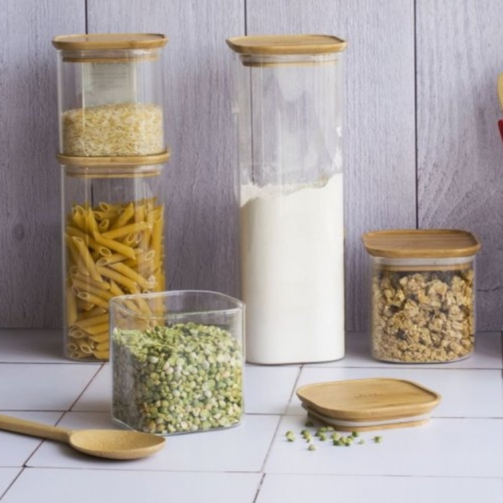 Glasburk för torrvaror, 0,8 L, PEBBLY SQUARE SMALL, Klar / Bambu i gruppen Förvaring / Köksförvaring / Förvaringsburkar hos SmartaSaker.se (41012)
