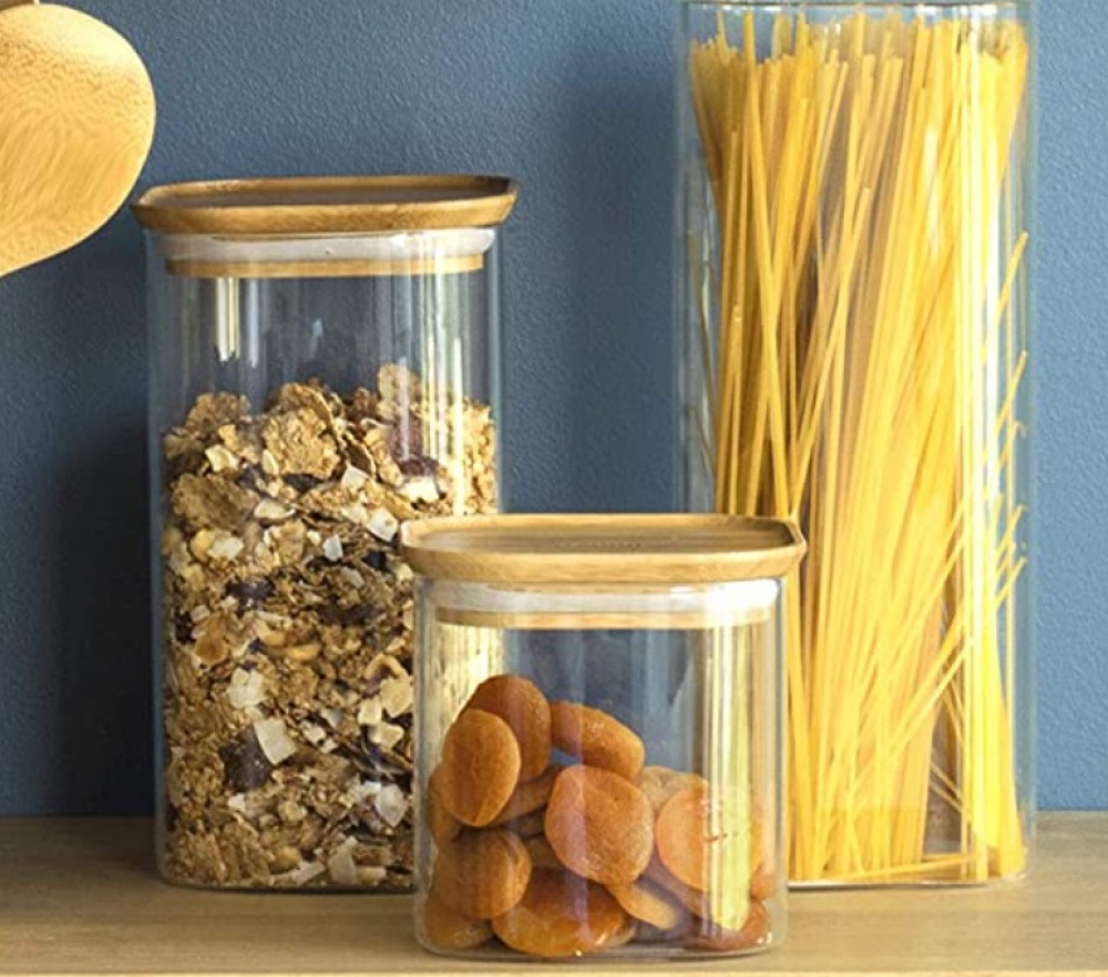 Glasburk för torrvaror, 0,8 L, PEBBLY SQUARE SMALL, Klar / Bambu i gruppen Förvaring / Köksförvaring / Förvaringslådor och burkar hos SmartaSaker.se (41012)