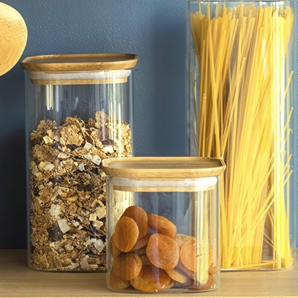Glasburk för torrvaror, 0,8 L, PEBBLY SQUARE SMALL, Klar / Bambu i gruppen Förvaring / Köksförvaring / Förvaringsburkar hos SmartaSaker.se (41012)