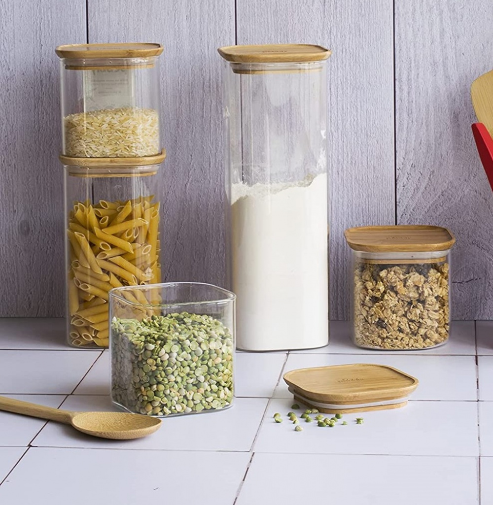 Glasburk för torrvaror, 1,4 L, PEBBLY SQUARE MEDIUM, Klar / Bambu i gruppen Förvaring / Köksförvaring / Förvaringslådor och burkar hos SmartaSaker.se (41018)
