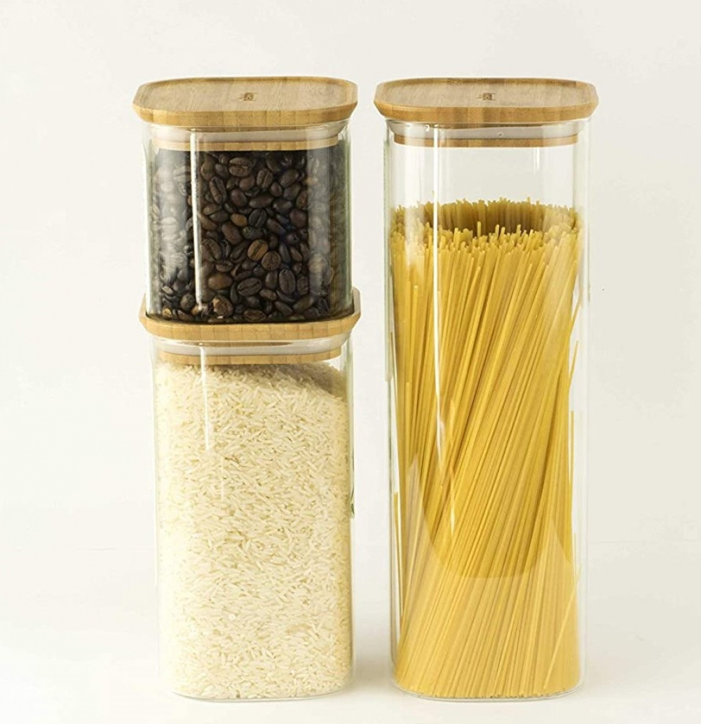 Glasburk för torrvaror, 1,4 L, PEBBLY SQUARE MEDIUM, Klar / Bambu i gruppen Förvaring / Köksförvaring / Förvaringslådor och burkar hos SmartaSaker.se (41018)