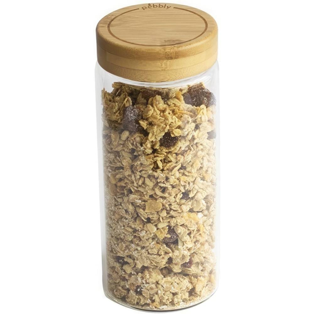 Glasburk med bambulock, 650 ml, PEBBLY MEDIUM ROUND POT, Ø 8,5 x H 17 cm, Klar / Natur i gruppen Förvaring / Köksförvaring / Matlådor / Matlådor i glas hos SmartaSaker.se (41021)