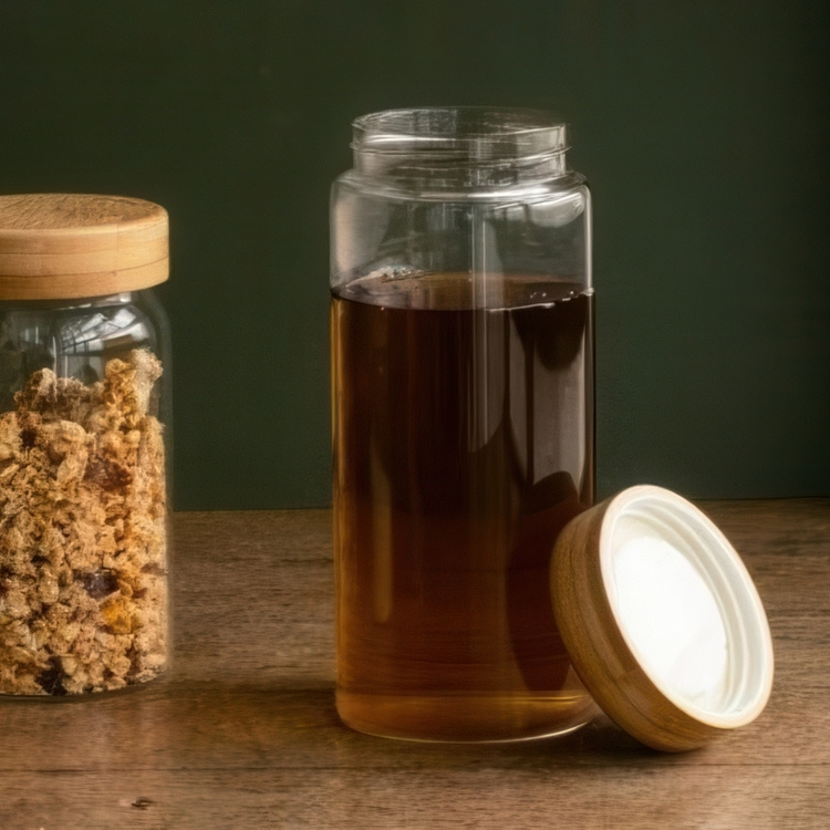 Glasburk med bambulock, 850 ml, PEBBLY LARGE ROUND POT, Ø 8,5 x H 21 cm, Klar / Natur i gruppen Förvaring / Köksförvaring / Matlådor / Matlådor i glas hos SmartaSaker.se (41022)