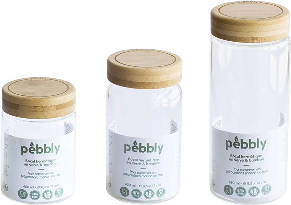 Glasburk med bambulock, 850 ml, PEBBLY LARGE ROUND POT, Ø 8,5 x H 21 cm, Klar / Natur i gruppen Förvaring / Köksförvaring / Matlådor / Glas hos SmartaSaker.se (41022)