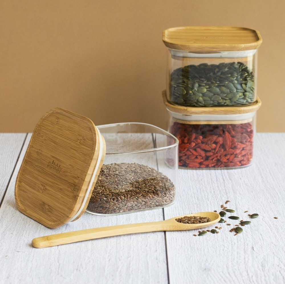 Glasburkar för torrvaror, 0,5 L, 3 st, PEBBLY SQUARE MINI, Klar / Bambu i gruppen Förvaring / Köksförvaring / Förvaringslådor och burkar hos SmartaSaker.se (41023)