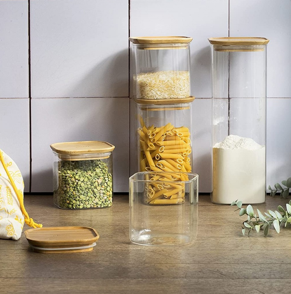 Glasburkar för torrvaror, 0,8 L, 3 st, PEBBLY SQUARE SMALL, Klar / Bambu i gruppen Förvaring / Köksförvaring / Förvaringslådor och burkar hos SmartaSaker.se (41024)