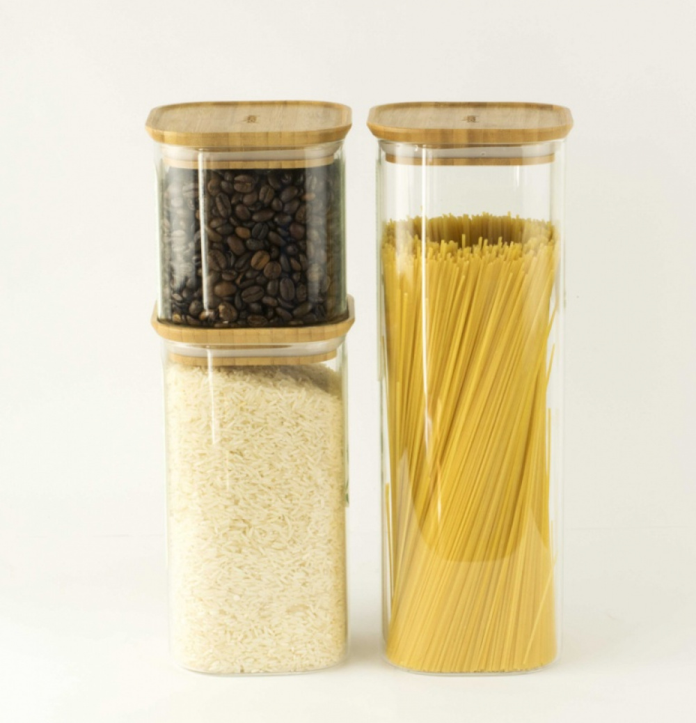 Glasburkar för torrvaror, 3 st, PEBBLY SQUARE MIX, Klar / Bambu i gruppen Förvaring / Köksförvaring / Förvaringslådor och burkar hos SmartaSaker.se (41025)