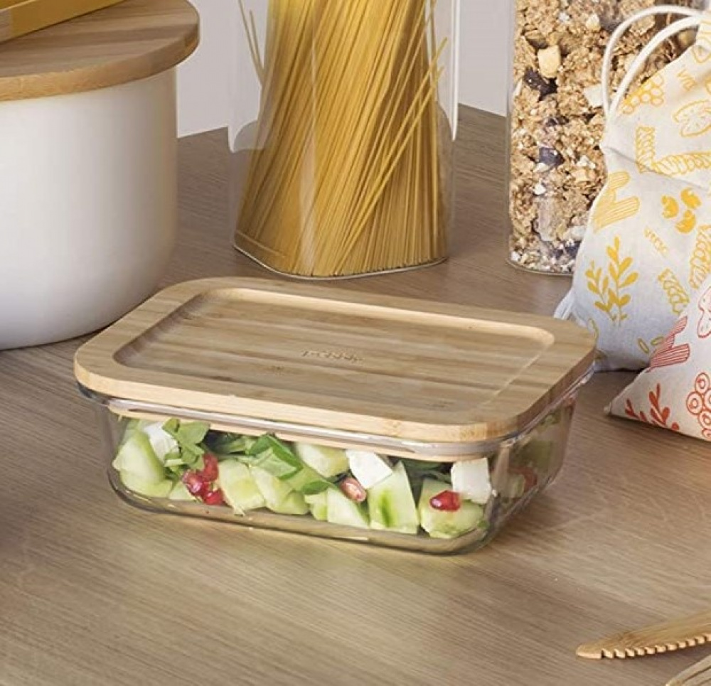 Glasmatlåda med Bambulock, 1,8 L, PEBBLY XL COOK & STORE, 23 x 16,5 x H 8 cm, Klar / Natur i gruppen Förvaring / Köksförvaring / Matlådor / Glas hos SmartaSaker.se (41029)