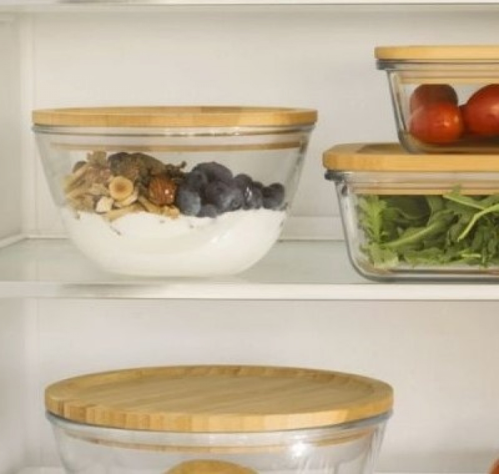 Glasskål med Bambulock, 770ml, PEBBLY SMALL FOOD BOWL, Ã˜ 15 x H 9 cm, Klar / Natur i gruppen Förvaring / Köksförvaring / Förvaringslådor och burkar hos SmartaSaker.se (41035)