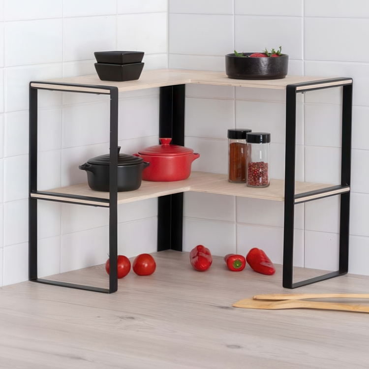 Hylla för hörn, 2-plan, BLACK & WOOD CORNER RACK, 40 x 40 x H 35 cm, Natur / Svart i gruppen Förvaring / Köksförvaring / Organisera köksskåp hos SmartaSaker.se (41168)