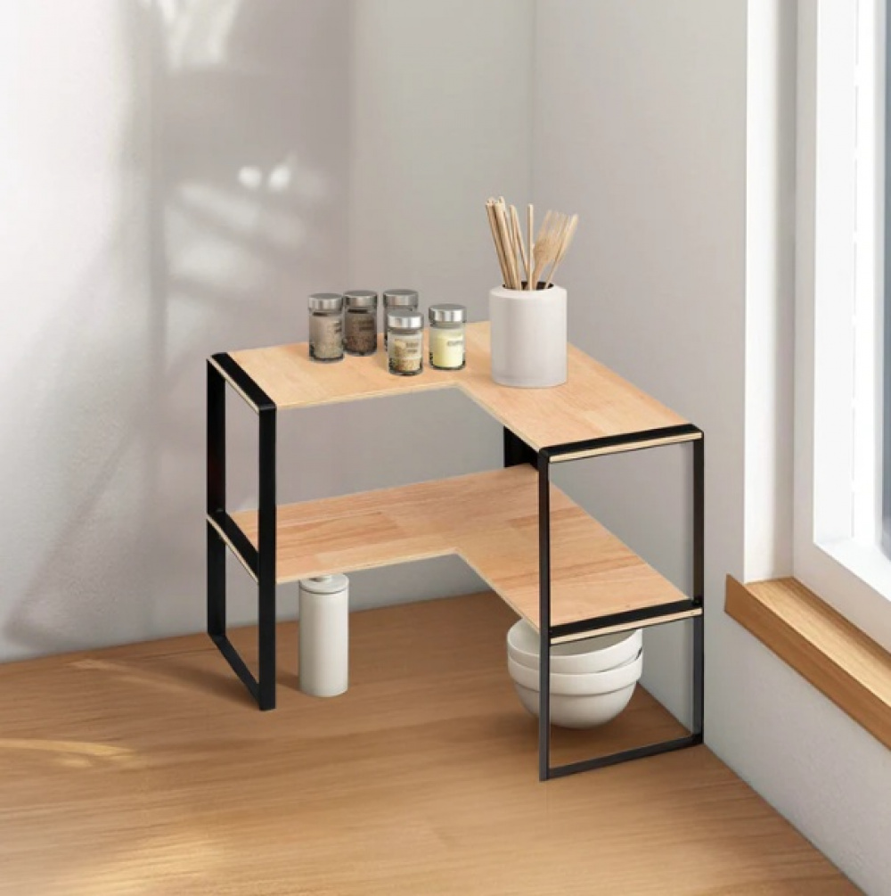 Hylla för hörn, 2-plan, BLACK & WOOD CORNER RACK, 40 x 40 x H 35 cm, Natur / Svart i gruppen Förvaring / Köksförvaring / Organisera köksskåp hos SmartaSaker.se (41168)