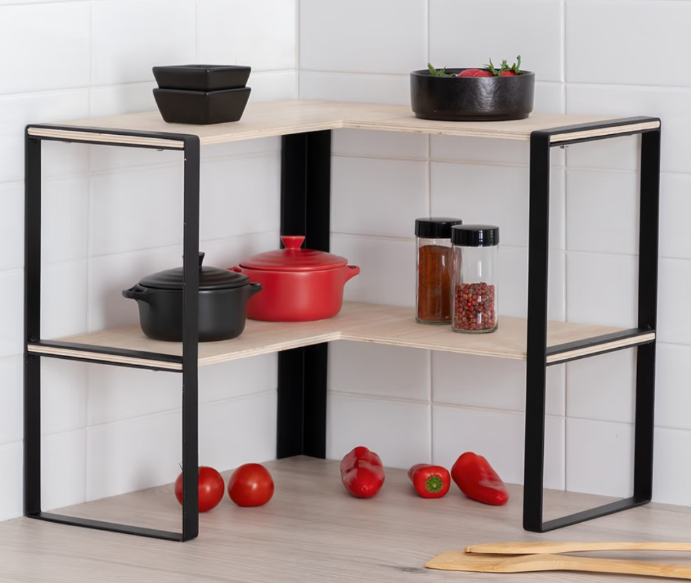 Hylla för hörn, 2-plan, BLACK & WOOD CORNER RACK, 40 x 40 x H 35 cm, Natur / Svart i gruppen Förvaring / Köksförvaring / Organisera köksskåp hos SmartaSaker.se (41168)