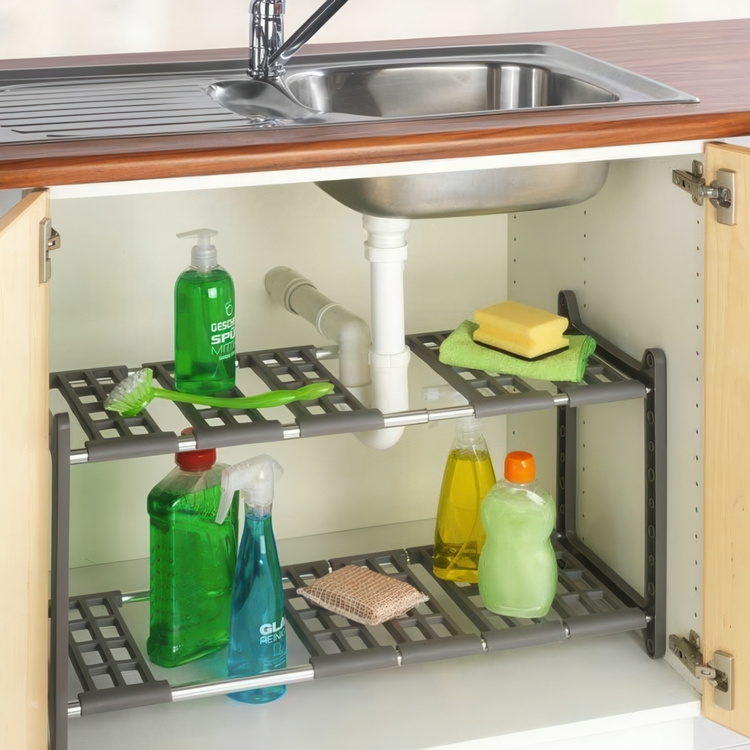 Hylla för under diskbänken, Justerbar, ADJUSTABLE UNDER SINK SHELF, 45 - 80 cm, Grå i gruppen Förvaring / Köksförvaring / Organisera köksskåp / Under diskbänksförvaring hos SmartaSaker.se (41174)