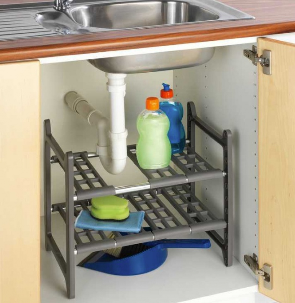 Hylla för under diskbänken, Justerbar, ADJUSTABLE UNDER SINK SHELF, 45 - 80 cm, Grå i gruppen Förvaring / Köksförvaring hos SmartaSaker.se (41174)