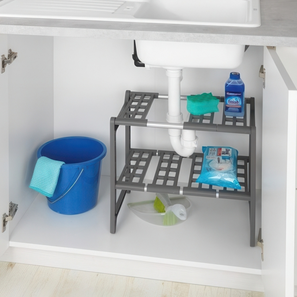 Hylla för under diskbänken, Justerbar, ADJUSTABLE UNDER SINK SHELF, 45 - 80 cm, Grå i gruppen Förvaring / Köksförvaring / Organisera köksskåp / Under diskbänksförvaring hos SmartaSaker.se (41174)