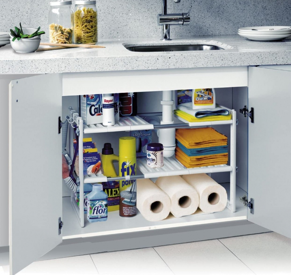 Hylla för under handfatet / diskbänken, UNDER SINK SHELF, 41 till 70 cm, Ljusgrå i gruppen Förvaring / Köksförvaring / Organisera köksskåp / Under diskbänksförvaring hos SmartaSaker.se (41176)