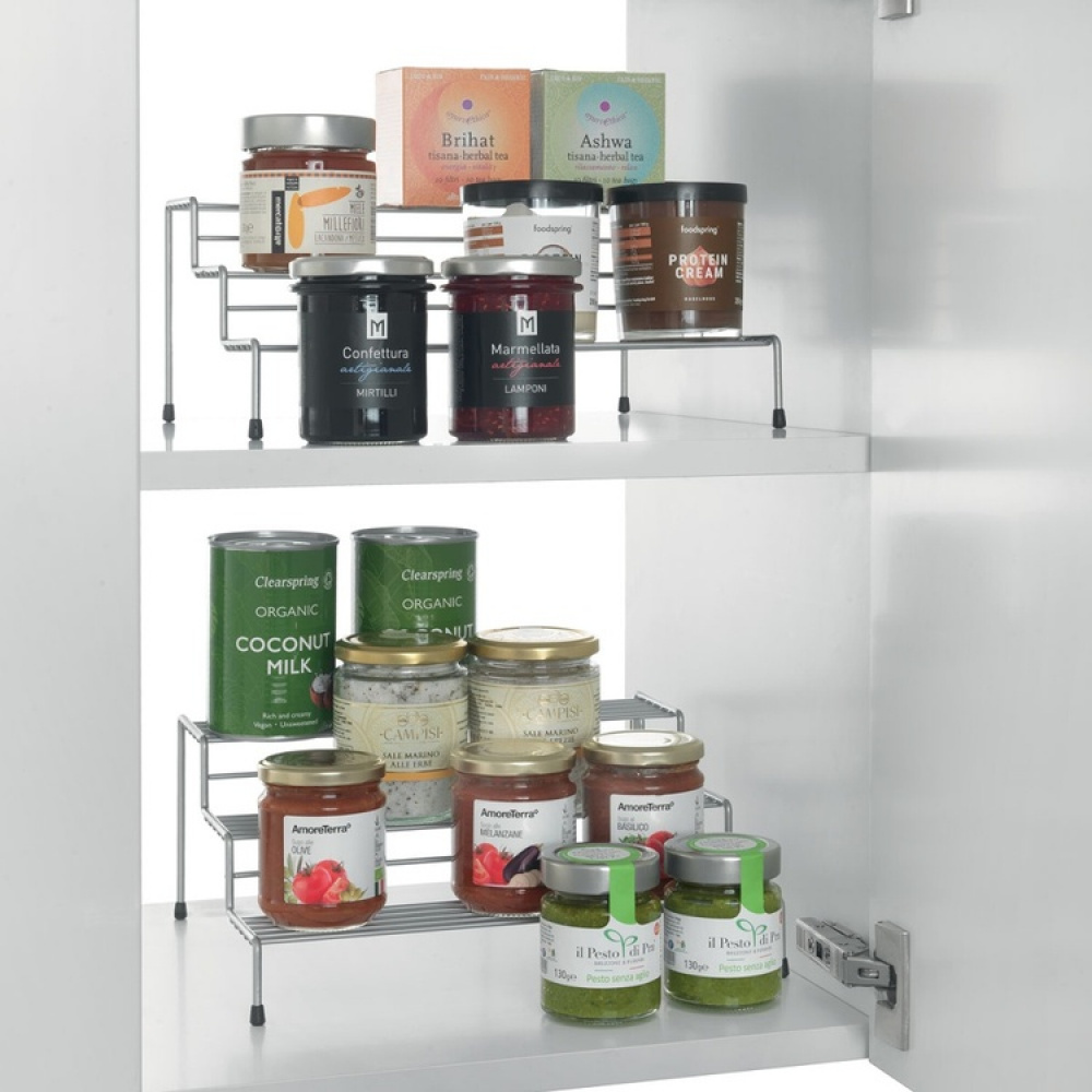 Hylla i 3 plan, Metall, Utdragbar, X-TEND, 28~55 x 23 x 13 cm, Silver i gruppen Förvaring / Köksförvaring / Organisera köksskåp hos SmartaSaker.se (41178)