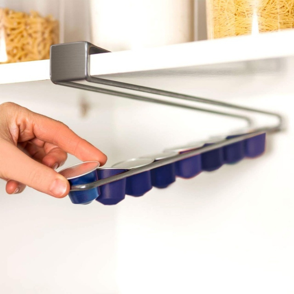 Hållare för Kaffekapslar, Under hylla, SLIDING RACK, 28 x 4 x 8 cm, Silver i gruppen Förvaring / Köksförvaring / Organisera köksskåp / Under hyllan-förvaring hos SmartaSaker.se (41217)