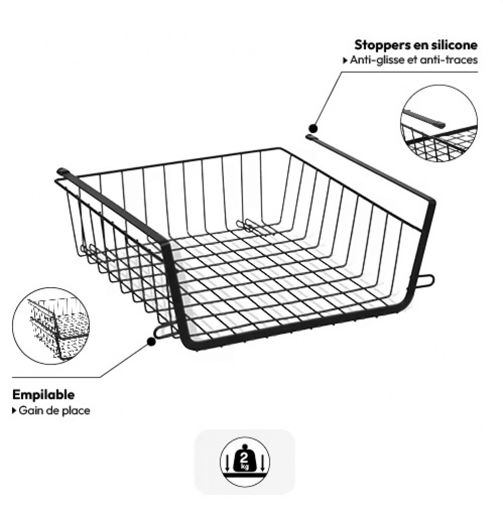 Hängkorg, Stapelbar, ÉTAGÈRE À SUSPENDRE, 31,5 x 31 x H 12 cm, Svart i gruppen Förvaring / Köksförvaring / Organisera köksskåp / Under hyllan-förvaring hos SmartaSaker.se (41322)