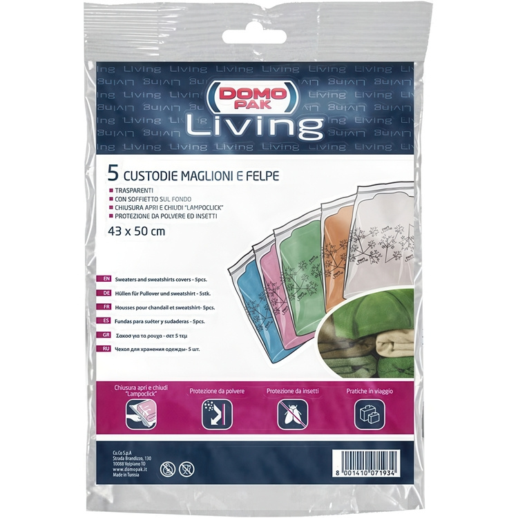Klädpåsar för Tröjor, genomskinlig plast, 5 st, LIVING ZIP-LOCK, 43 x H50 cm, Klar i gruppen Förvaring / Garderobsförvaring / Klädgarderober hos SmartaSaker.se (41373)