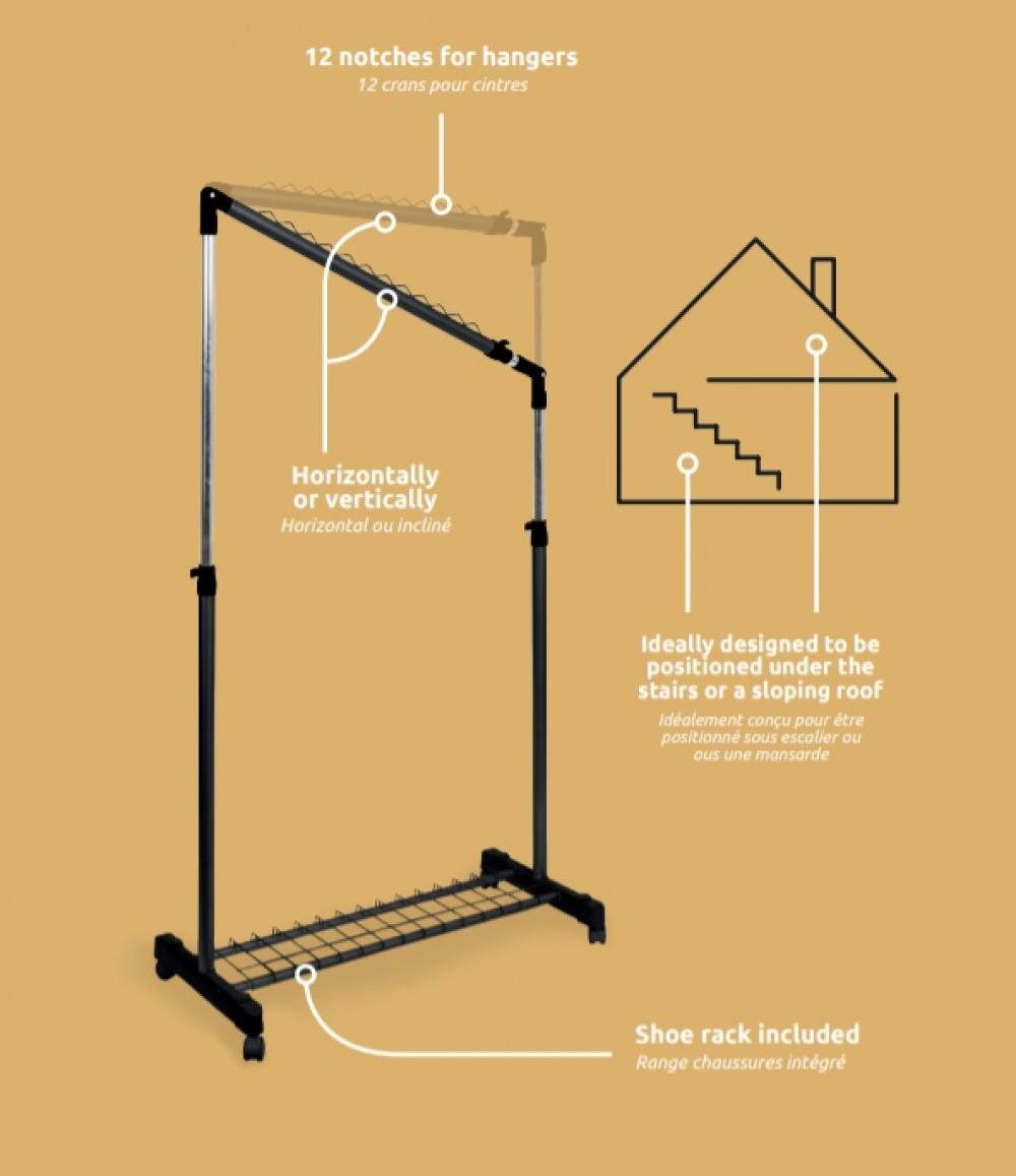 Klädställning med hjul, Sluttande, UNDER STAIRS, 91,5 x 42 x H 102 - 170 cm, Svart / Silver i gruppen Förvaring / Garderobsförvaring / Klädgarderober hos SmartaSaker.se (41382)