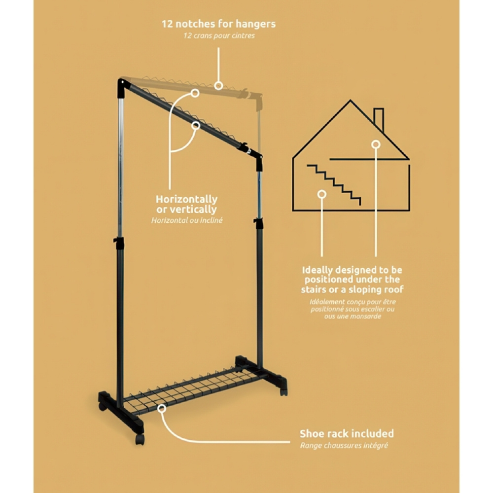 Klädställning med hjul, Sluttande, UNDER STAIRS, 91,5 x 42 x H 102 - 170 cm, Svart / Silver i gruppen Förvaring / Garderobsförvaring / Klädgarderober hos SmartaSaker.se (41382)