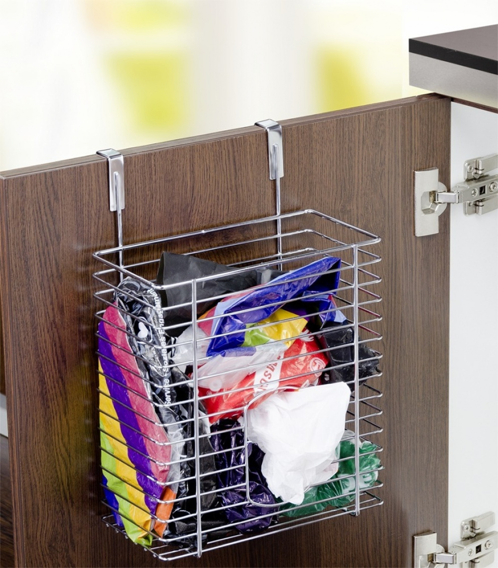 Korg för skåpdörr i metall, PLASTIC BAG ORGANIZER, 12 x 20 x H30 cm, Silver i gruppen Förvaring / Köksförvaring / Organisera köksskåp / Under diskbänksförvaring hos SmartaSaker.se (41475)