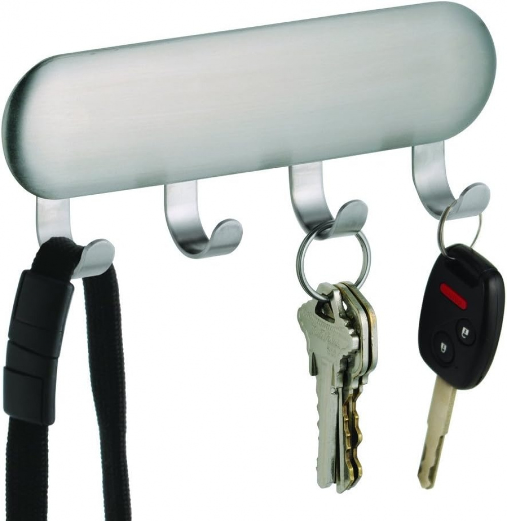Kroklist, 4 krokar, Självhäftande, KEY RACK, 14 x 2,5 x H 5,5 cm, Borstat stål i gruppen Förvaring / Magneter och självhäftande / Självhäftande krokar hos SmartaSaker.se (41574)