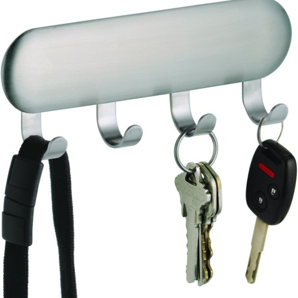 Kroklist, 4 krokar, Självhäftande, KEY RACK, 14 x 2,5 x H 5,5 cm, Borstat stål i gruppen Förvaring / Magneter och självhäftande / Självhäftande krokar hos SmartaSaker.se (41574)