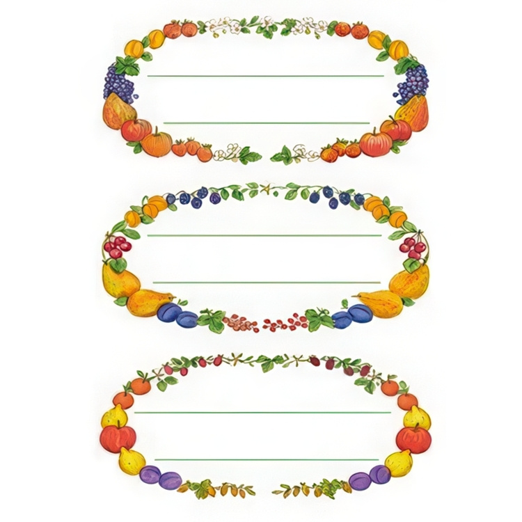 Köksetiketter för frys- och syltburkar, 12 st, FRUIT WREATH 76 x 35 mm , Fruktmotiv i gruppen Förvaring / Magneter och självhäftande / Skyltar och etiketter hos SmartaSaker.se (41634)