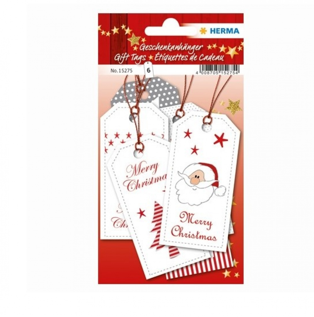 Lyxiga Hängetiketter med glitter, 6st, MERRY CHRISTMAS GIFT TAGS, 8 x 4 cm, Vit /Röd / Silver i gruppen Förvaring / Magneter och självhäftande / Skyltar och etiketter hos SmartaSaker.se (41713)