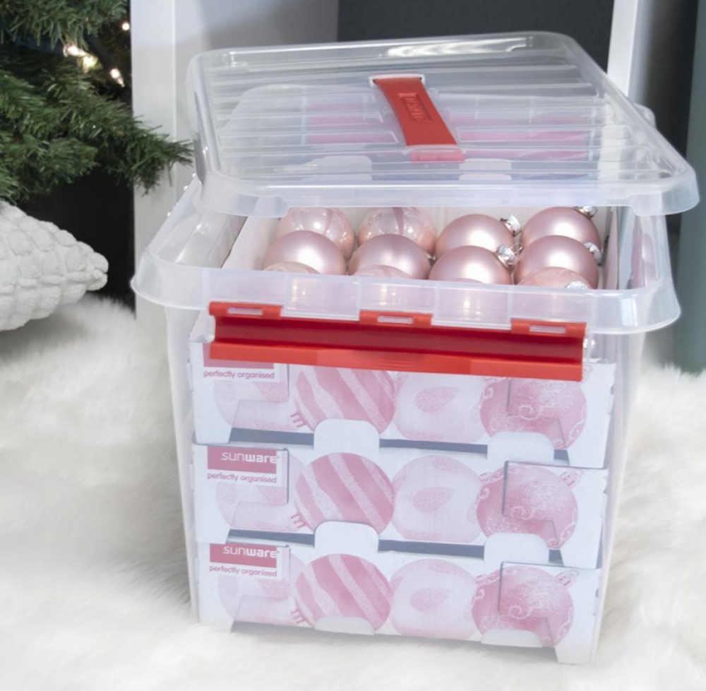 Låda för Julpynt. Med handtag, 22 Liter, CHRISTMAS BOX, 40 x 30 x H 26 cm, Klar / Röd i gruppen Förvaring / Förråd- och garageförvaring hos SmartaSaker.se (41725)