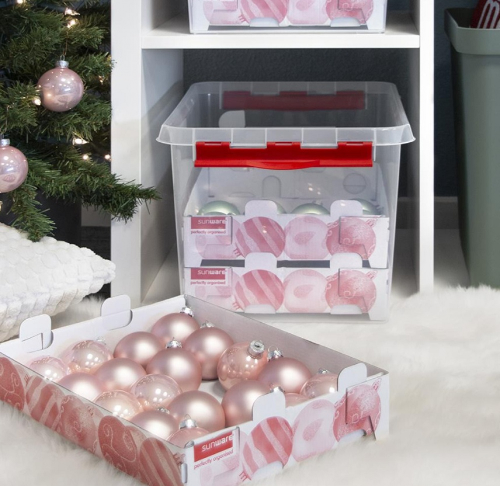 Låda för Julpynt. Med handtag, 22 Liter, CHRISTMAS BOX, 40 x 30 x H 26 cm, Klar / Röd i gruppen Förvaring / Förråd- och garageförvaring hos SmartaSaker.se (41725)