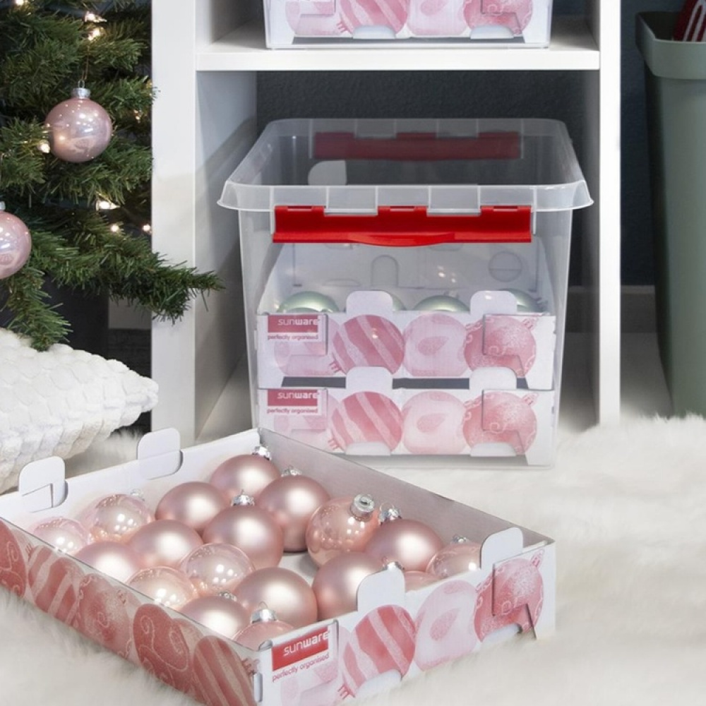 Låda för Julpynt. Med handtag, 22 Liter, CHRISTMAS BOX, 40 x 30 x H 26 cm, Klar / Röd i gruppen Förvaring / Förråd- och garageförvaring hos SmartaSaker.se (41725)