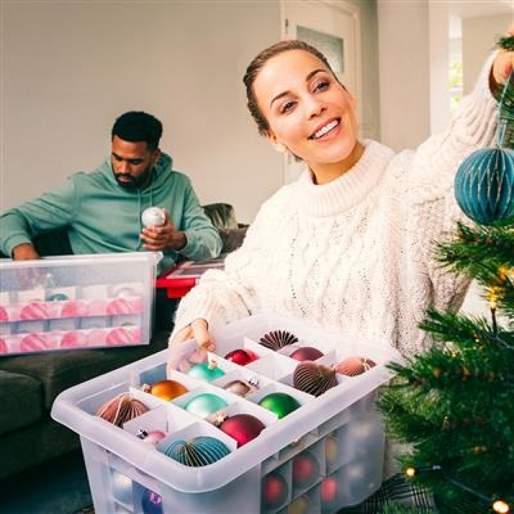 Låda för julpynt, 24 Liter, X-MAS BOX, 43 x 34,5 x H 22,5 cm, Klar / Röd i gruppen Förvaring / Förråd- och garageförvaring hos SmartaSaker.se (41734)