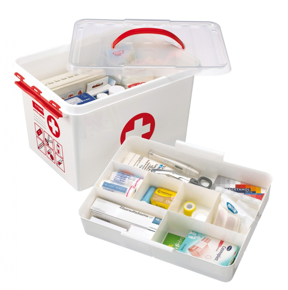Låda för Medicin, Med handtag, 22 Liter, FIRST AID XL, 40 x 30 x H 26 cm, Vit / Röd i gruppen Förvaring / Badrumsförvaring hos SmartaSaker.se (41752)