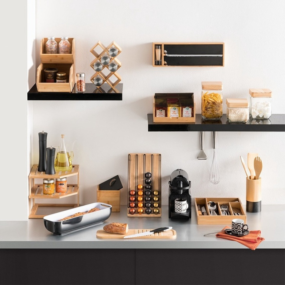 Låda för Sortering av Tepåsar, 6 fack, SQUARE BAMBOO TEA BOX, 22 x 21 x H 10 cm, Natur / Svart i gruppen Förvaring / Köksförvaring / Förvaringsburkar hos SmartaSaker.se (41759)