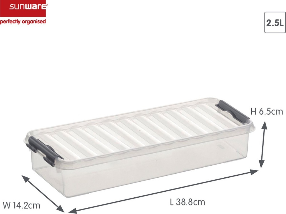 Låda Långsmal, 2,5L, Q-LINE, 38,8 x 14,2 x H 6,5 cm, Klar / Silvergrå i gruppen Förvaring / Förvaringslådor hos SmartaSaker.se (41777)