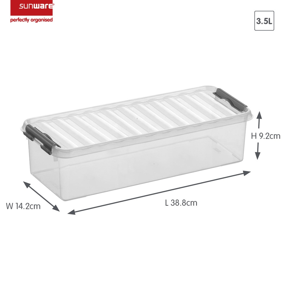 Låda Långsmal, 3,5L, Q-LINE, 38,8 x 14,2 x H 9,2 cm, Klar / Silvergrå i gruppen Förvaring / Förvaringslådor hos SmartaSaker.se (41778)