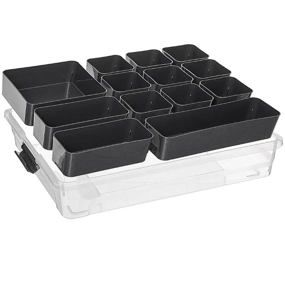 Låda med 12 burkar för sortering, EZY SORT IT LARGE, 35 x 28,5 x H 7 cm, Transparent / Grå i gruppen Förvaring / Förvaringslådor hos SmartaSaker.se (41783)