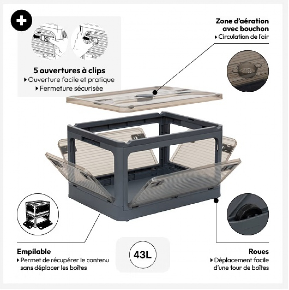 Låda med Hjul, Stapelbar, MOBILE FOLDING BOX, 51,5 x 36 x H 30 cm, Mörkgrå i gruppen Förvaring / Hallförvaring hos SmartaSaker.se (41801)