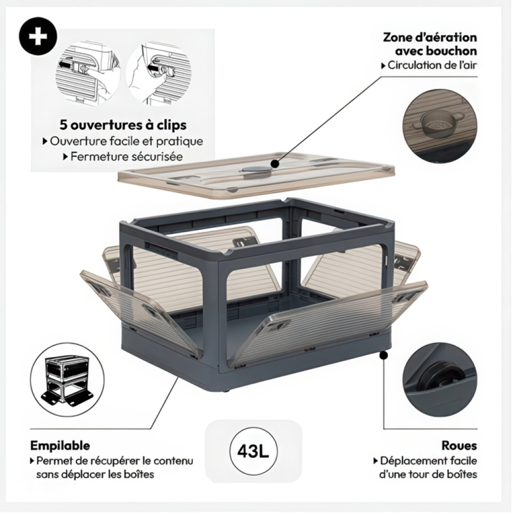 Låda med Hjul, Stapelbar, MOBILE FOLDING BOX, 51,5 x 36 x H 30 cm, Mörkgrå i gruppen Förvaring / Hallförvaring hos SmartaSaker.se (41801)